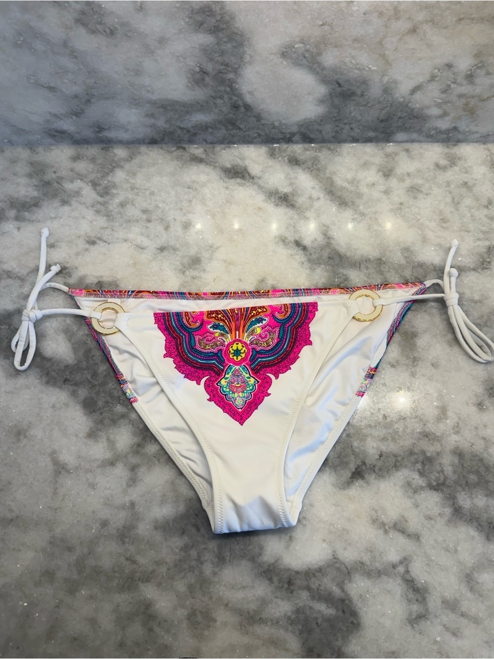Victoria’s Secret White Paisley Bikini Bottom Gold Ring Side Tie Size L